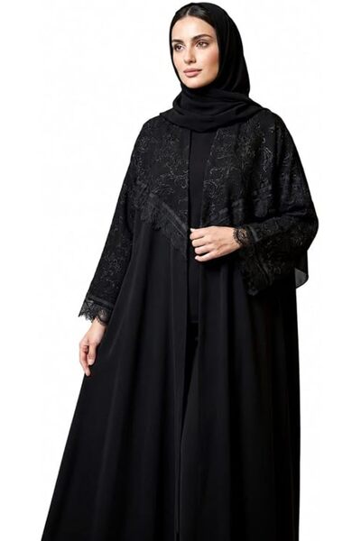 Generic Women's Black Abaya with Embellished Lace Cuffs and Hem, Full-Length ...