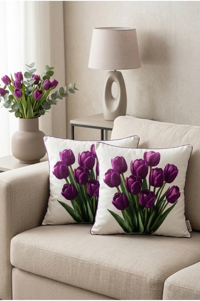Rayda Home غطاء وسادة مزين بنمط زهور التوليب الأرجواني، مجموعة من قطعتين، ديك...