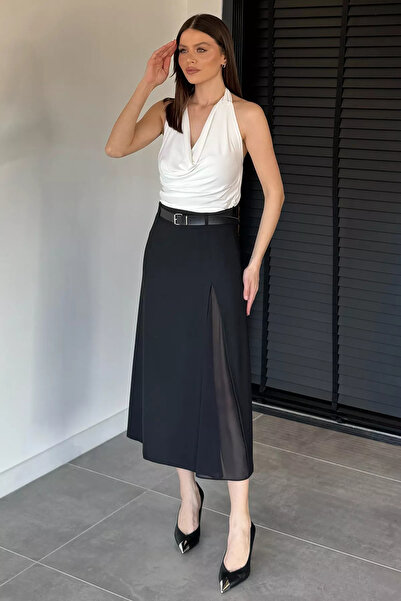 Aryena Black Women's Tulle Skirt with Belt Accessory and Slit Detail