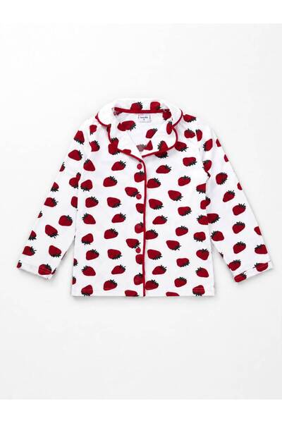 Pajama Shop Mother-Daughter White Strawberry Patterned Winter Shirt Collar Buttoned Sleep Band Pajama Set Cotton Milan Fabric
