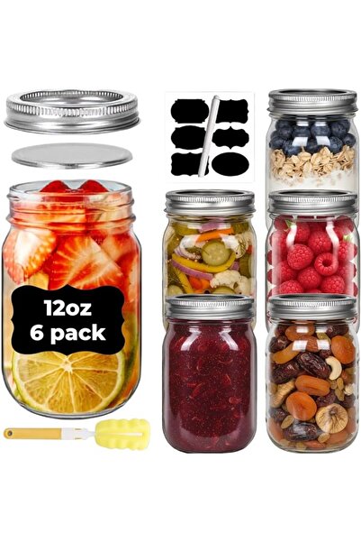 Home Zone 6 Pack Regular Mouth Glass Mason Jars 12oz with Regural Airtight Li...