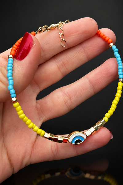ByMerve Bym3611 Evil Eye Detailed Yellow Blue Beaded Adjustable Women's Anklet