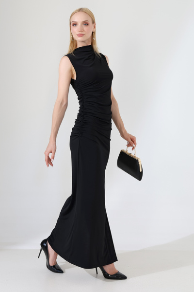 Planet Prestige Brown Draped Turtleneck Slit Long Evening Dress