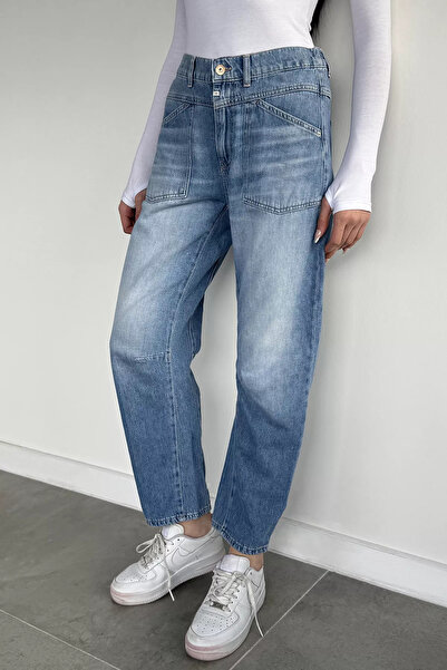 Aryena Blue Women's Elastic Waist High Waist Jean Denim Trousers