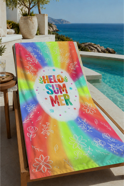 Evmila Šareni batik Hello Summer napisan 70x150 peškir za plažu - pamučni peš...