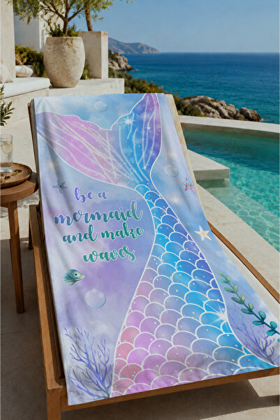 Evmila Pastel Blue Purple Mermaid Tail Watercolor Patterned 70X150 Beach Towe...