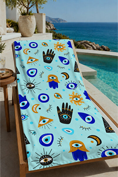 Evmila Yellow Blue Evil Eye Bead Patterned 70X150 Beach Towel - Cotton Bath T...