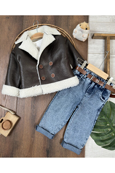 Bolly Baby Leather Fur Coat-Jacket (Artificial) Belted Lycra Jeans Winter 4-P...