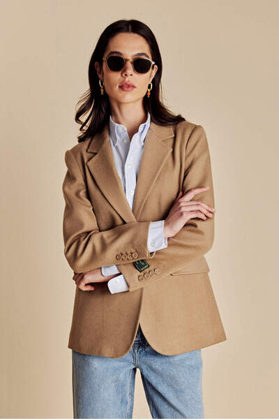 BROOKS BROTHERS Kadın Camel 100% Kaşmir Logo Astarlı Puntolu Mono Blazer