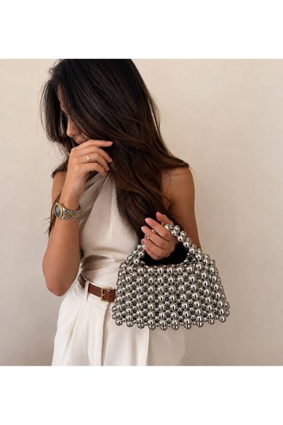 OK BLUME Women's Silver Color Beaded Handbag - Special Design Bag