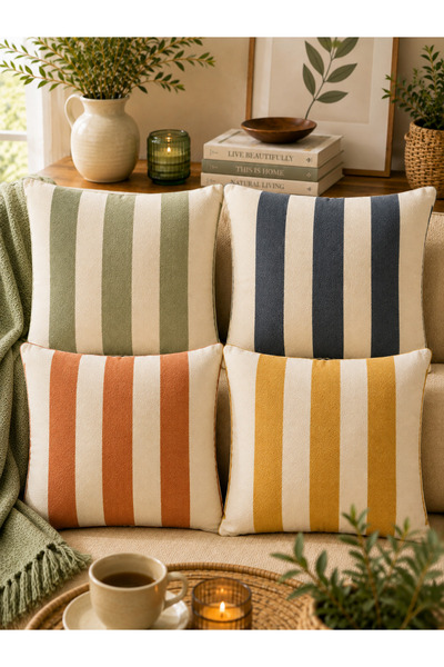Nari Collections Çizgili 4’lü Kırlent Kılıfı 43x43 cm Süet Kumaş Yeşil Lacive...