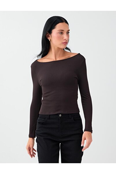 Jimmy Key Bitter Coffee Round Neck Slim Fit Long Sleeve Blouse