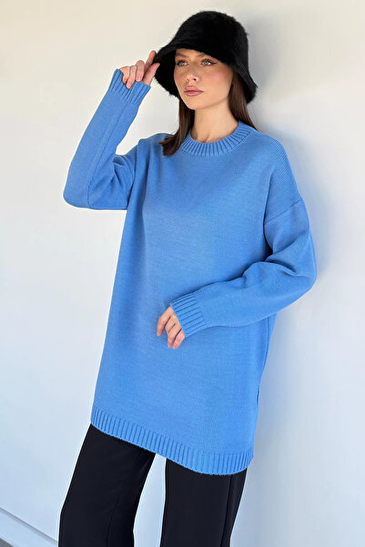 Aryena Blue Women's Crew Neck Slit Knitwear Tunic