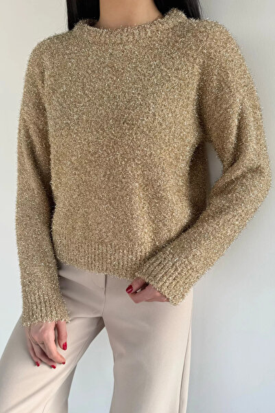 Aryena Beige Women's Glittery Knit Sweater