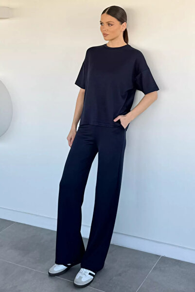 Aryena Navy Blue Women's Crew Neck T-Shirt and Elastic Waist Palazzo Pants Tw...