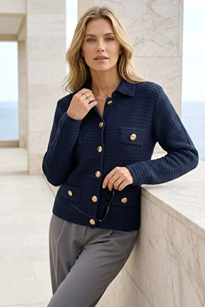 Aryena Dark Navy Blue Women's Polo Collar Gold Button Detailed Knitwear Cardigan