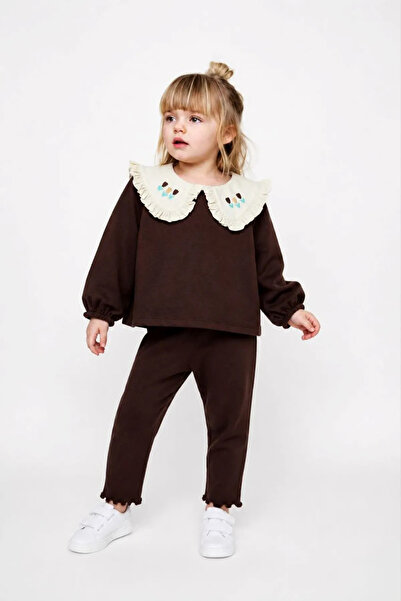 Minigimin Cicileri Tulip Collar Embroidery Detailed Girls' Leggings Set - Brown