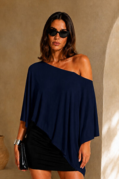 COMBİNE MİCHAİL Women's One-Shoulder Navy Blue Asymmetrical Draped Blouse
