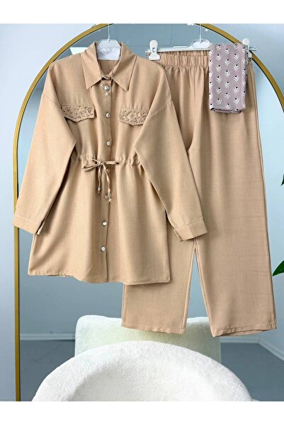 EC MODA Lace-Up Linen Trouser Suit with Stone-Embellished Cap