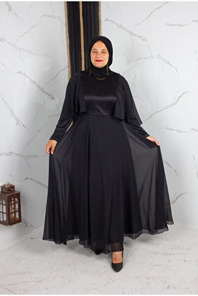 Truva XXL Women's Black Hijab Plus Size Chiffon Evening Dress