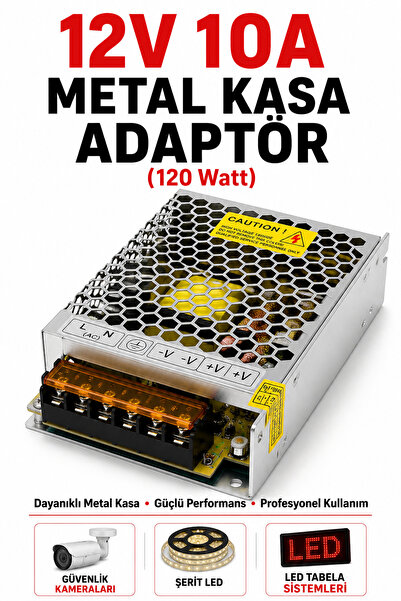 Kasliva 12V 10A Metal Kasa Adaptör Trafo 120W - Şerit LED, LED Tabela, Güvenl...