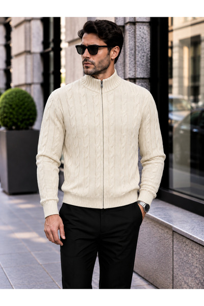 Generic Brand Men's Hair Knit Patterned Jacket with Zipper Detail