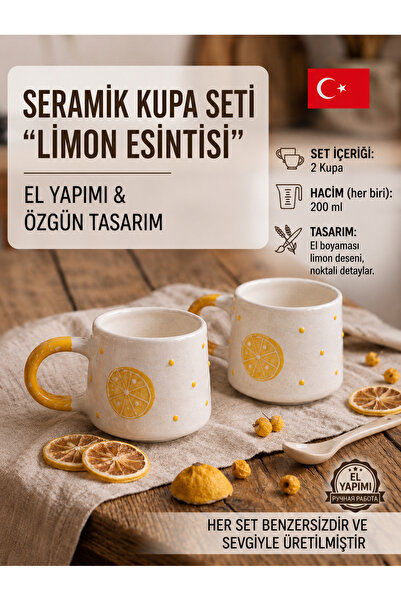 ARTISTA HOME Limon Esintisi El Yapımı Seramik İkili Kupa Seti