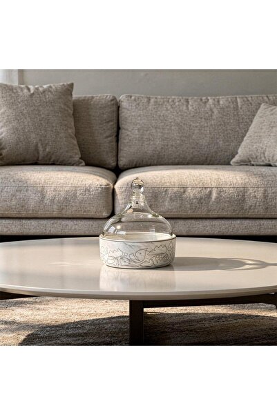 laverahome Porcelain Tureen with Embossed Design and Brown Colored Glass Lid |