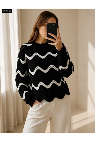 cheen Women's Zigzag Thin Striped Crew Neck Knitwear Sweater
