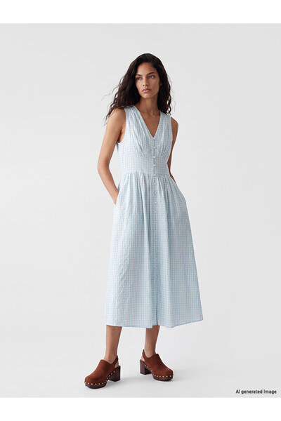 LC Waikiki Nevavm V-Neck Plaid Waist-Sitting Dress with a Difference