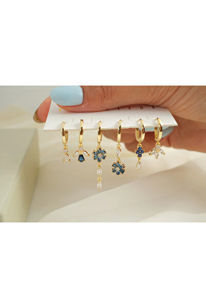 ATELİER TUĞBA Çkp6026 Dark Blue and Transparent Stone Flower Drop Shape Hangi...