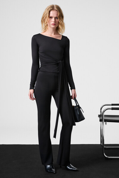 ETHIQUET Lorelis Women's Stretchy Fabric Wide Leg Black Trousers with Stitchi...