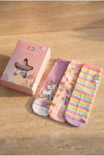 Katia&Bony Kız Çocuk Unicorn Kutulu 3'lü Pamuklu Soket Çorap