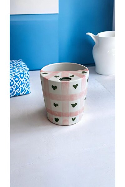 terraco ceramic Kalpli Pembe Ekose Desen Seramik Termos Mug