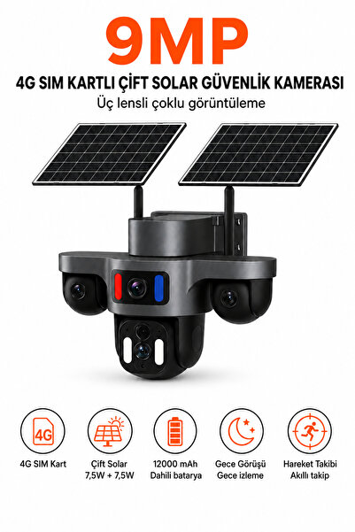 Ayers 9MP 4G SIM Kartlı Çift Solar Panelli Dış Mekân Güvenlik Kamerası, 12000...