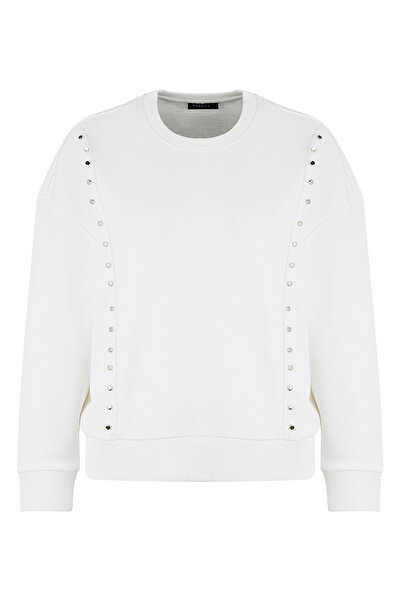 Fabrika Ekru Kadın Bisiklet Yaka Oversize Taşlı Sweatshirt F5WL-SWT0038