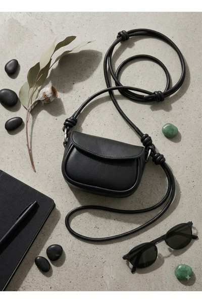 emelimin Women's Black Mini Crossbody Shoulder Bag Knotted Leather Messenger Bag