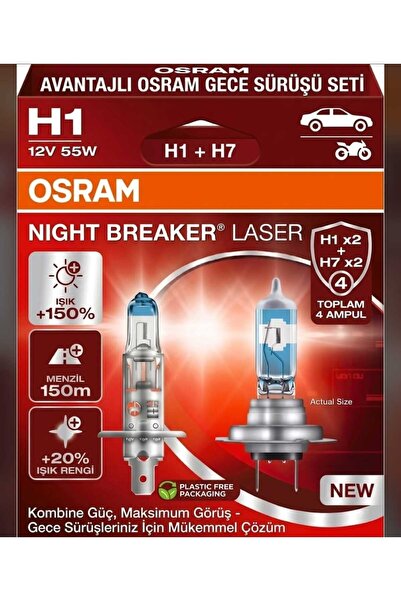 Osram 12V H7 55W NIGHT BREAKER LASER % 150 GÜÇLÜ % 20 BEYAZ IŞIK H1 NL 55W 12...