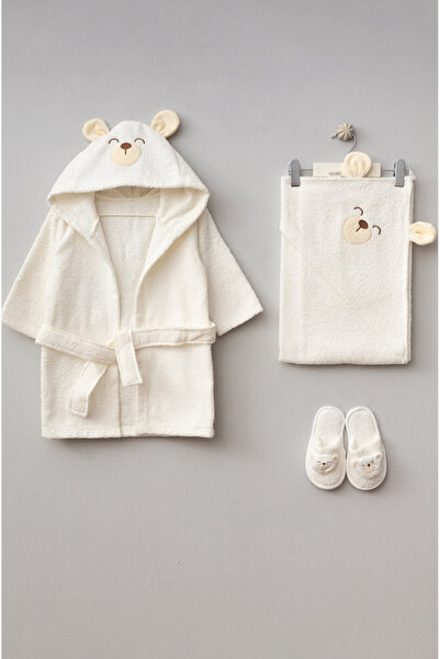 Bebitof Hooded Embroidered Baby Bathrobe Set (Bathrobe + Towel + Slippers)