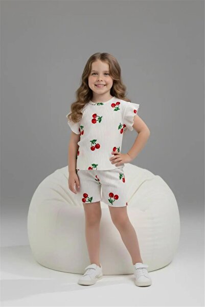 LUFFY KİDS Corduroy Cherry Printed Girls' T-Shirt and Shorts Set - 6637