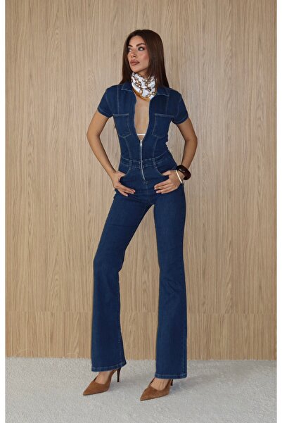 Clothes Fast Women's Rinse Zipper Shirt Collar Short Sleeve Flare Leg Denim J...
