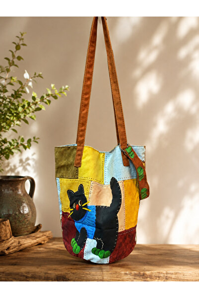 Street Bag Korean Style Cute Bucket Bag with Cat Oil Painting Pattern Shoulder Bag and Handbag