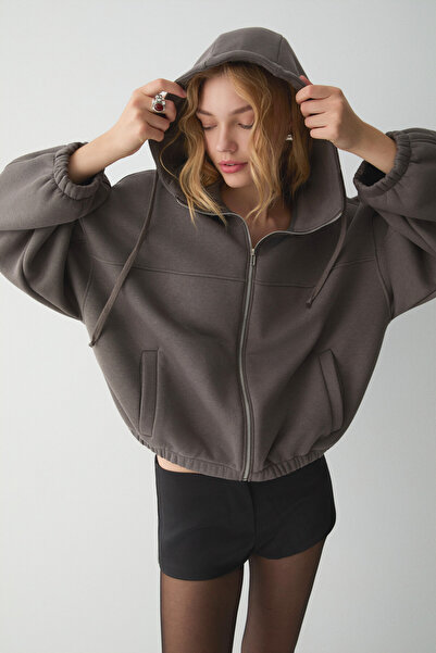 ETHIQUET VALIT Kadın Çift Cepli Eteği Ve Kol Ucu Lastikli Fermuarlı Oversize Gri Sweatshirt