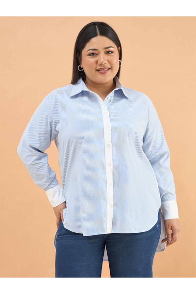 Sassafras By Styli Blue Striped Contrast Trims Long Sleeves Shirt