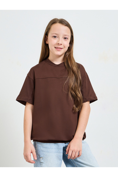 Styli Teen Girls Brown Drop Shoulder Oversized T-Shirt