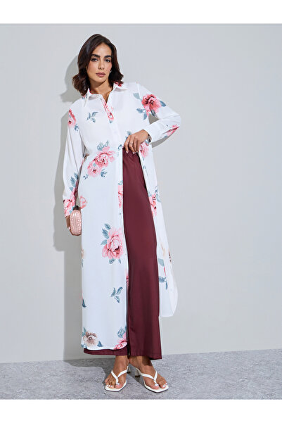 Amirah By Styli Floral Print Regular Fit Longline Shirt and Pants Modest Set