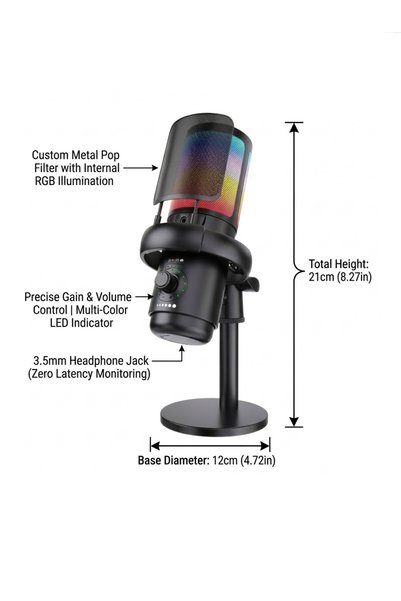 Leon Lifestyle ميكروفون مكثف USB بإضاءة RGB للكمبيوتر، ميكروفون للألعاب مع خاصية تقليل الضوضاء، التقاط صوتي كارديويد، إضاءة RGB للبث المباشر والبودكاست والتسجيل والدردشة الصوتية