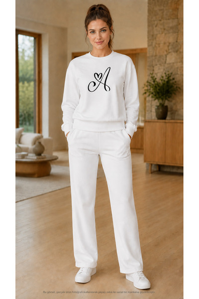 TREND EMMODA Women's Heart Detailed Letter a Printed Tracksuit Set / Round Ne...