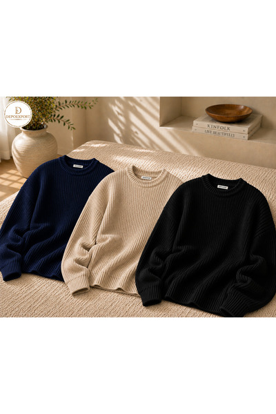 DepoExport Women's 3-Piece Crew Neck Oversize Knitwear Sweater Soft Knitted S...