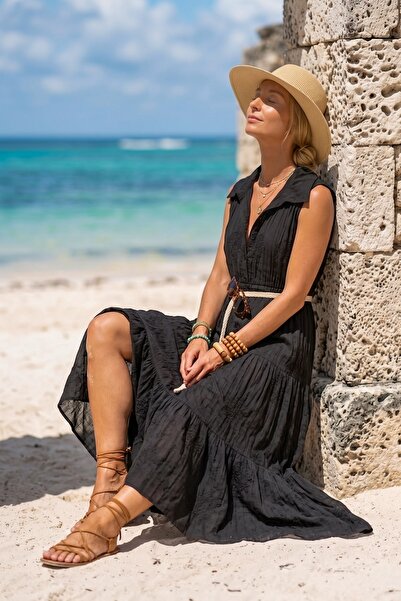 Chiccy Italian Black Shirt Collar Sleeveless Lined Skirt Ruffle Belted Embroi...